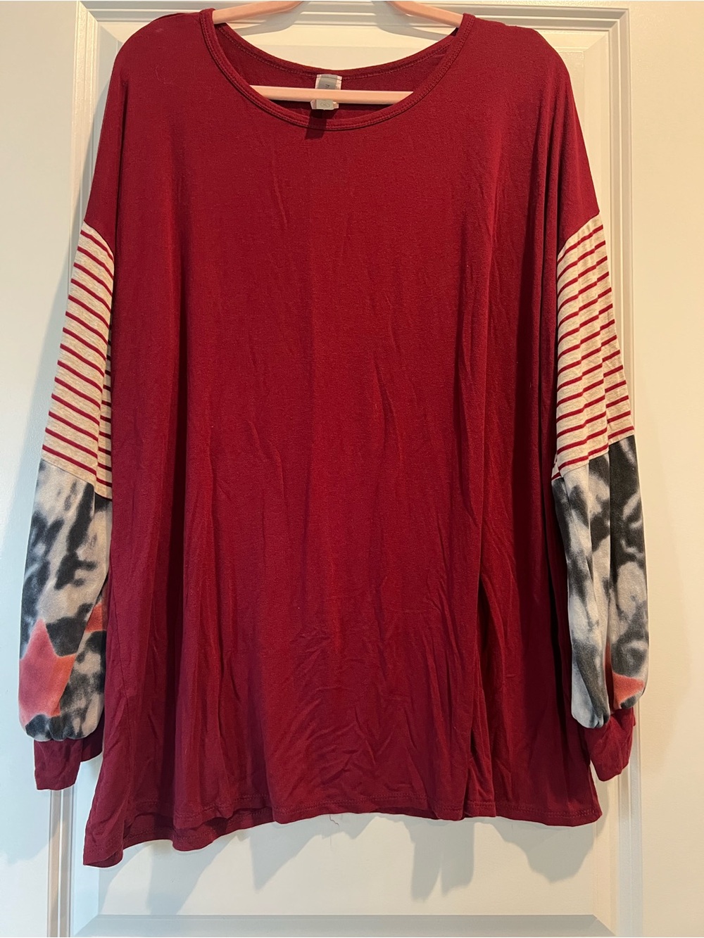 Burgundy Long-Sleeve Tunic Top with Striped and Tie-Dye Sleeves